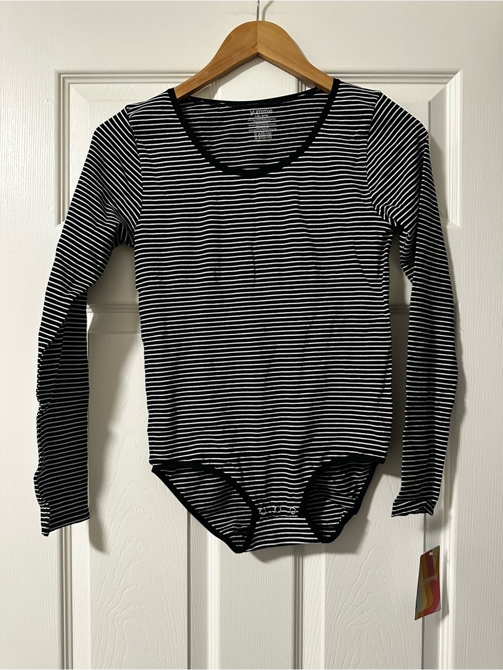 Yummie Black & White Striped Bodysuit - Long Sleeve with full back size L-XL